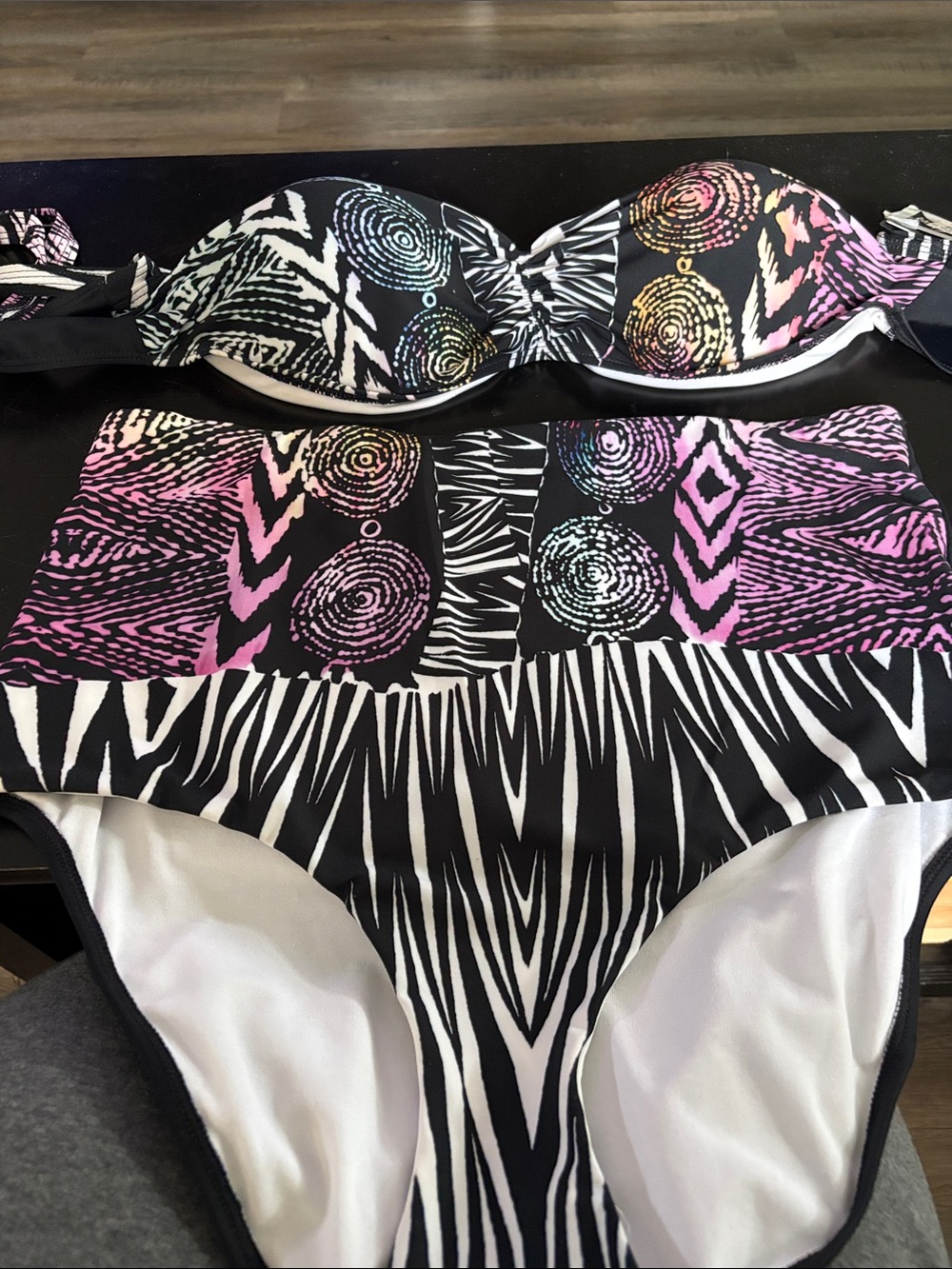 Black Bandeau High-Waist Bikini Set with Pink Accents